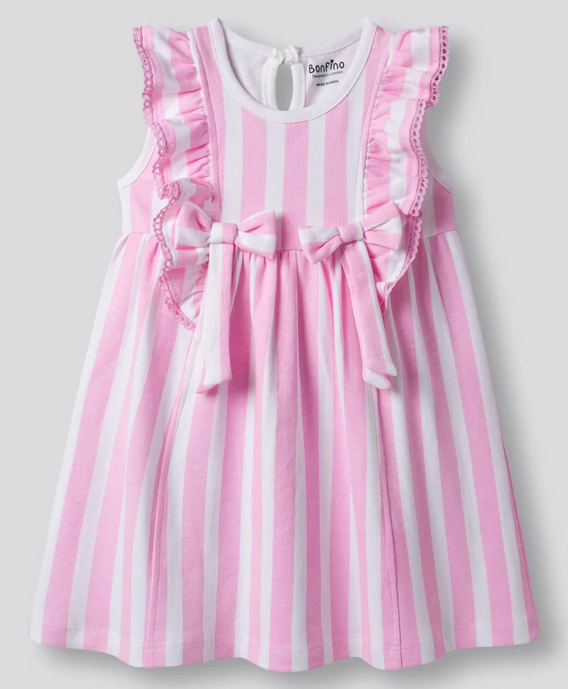 Bonfino Bonfino 100% Cotton All Over Striped Flutter Sleeves Frock with Bow Detailing - White/Pink