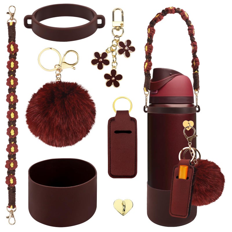 SLEILIN Compatible for Owala Accessories Bundle: Silicone Boot for 24oz & 32oz Bottles, Charms, Handle, Strap, Rubber Bottoms, and Decorative Add-ons for Your Compatible for Owala Water Bottle, Black Cherry - Image 1