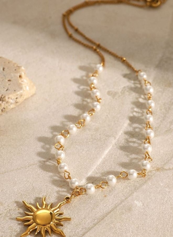 Andaazs Andaazs Women’s Aura Pearl Necklace with Sunflower Pendant – 18K Gold-Plated Chain with Imitation Pearl  - Image 3