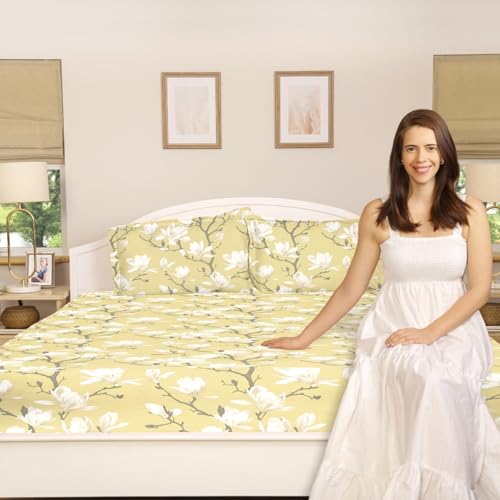 haus & kinder Bedsheet for King Size Bed | 144 TC | Pure Cotton King Size Bedsheet for Double Bed with 2 Pillow Covers (108 x 108 Inches) Perfect for Home Décor Goldem Bloom Trellis - Image 2