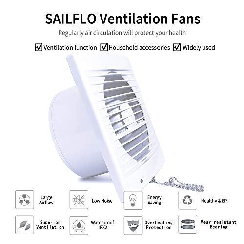 SAILFLO 4 Inch Wall-Mounted Exhaust Fan, 12W Ventilation Extractor with Anti-backflow Check Valve Chain Switch for Window Duct Glass Grow Tent Bathroom Vents - 6"×6" Grid Panel - Small Size - Image 3