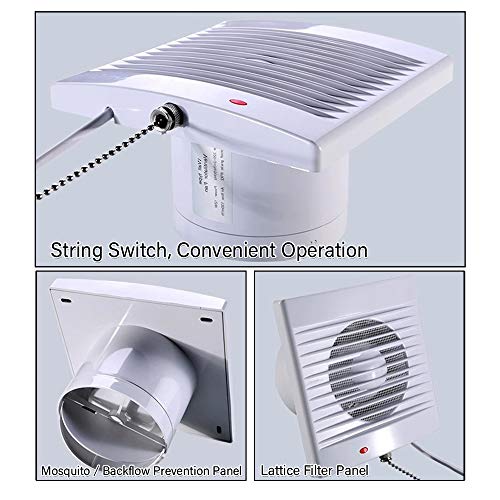 SAILFLO 4 Inch Wall-Mounted Exhaust Fan, 12W Ventilation Extractor with Anti-backflow Check Valve Chain Switch for Window Duct Glass Grow Tent Bathroom Vents - 6"×6" Grid Panel - Small Size - Image 2