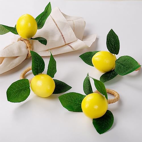 wonlex Handmade Napkin Rings Set of 4, Yellow Faux Lemon with Vine Napkin Ring for Wedding, Dinner Party, Banquet, Serviette for Christmas, Thanksgiving Day, Birthday (Lemon) - Image 1