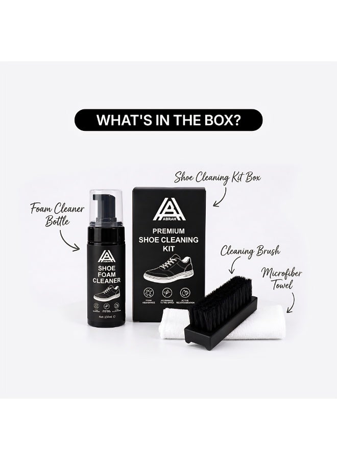 ABRAH Premium Shoe Cleaning Kit | Shoe Foam Cleaner 150ml + Soft Bristle Brush + Microfiber Cloth | For Sneakers, Leather, Canvas, Mesh & Fabric - Image 4