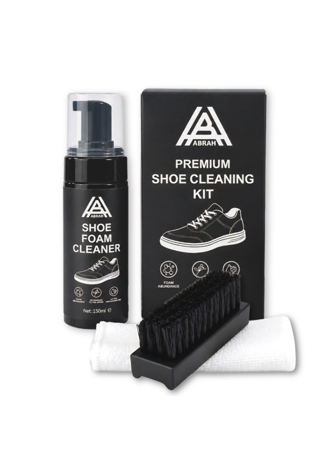 ABRAH Premium Shoe Cleaning Kit | Shoe Foam Cleaner 150ml + Soft Bristle Brush + Microfiber Cloth | For Sneakers, Leather, Canvas, Mesh & Fabric - Image 1