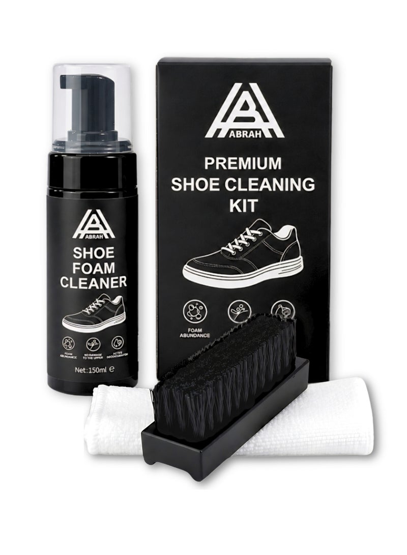 ABRAH Premium Shoe Cleaning Kit | Shoe Foam Cleaner 150ml + Soft Bristle Brush + Microfiber Cloth | For Sneakers, Leather, Canvas, Mesh & Fabric - Image 1