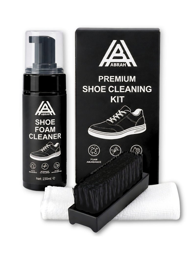 ABRAH Shoe & Sneaker Cleaning Kit | Deep Foam Cleaner 150ml + Soft Bristle Brush + Microfiber Cloth | Works on Sneakers, Leather, Canvas, Mesh & Fabric - Image 1