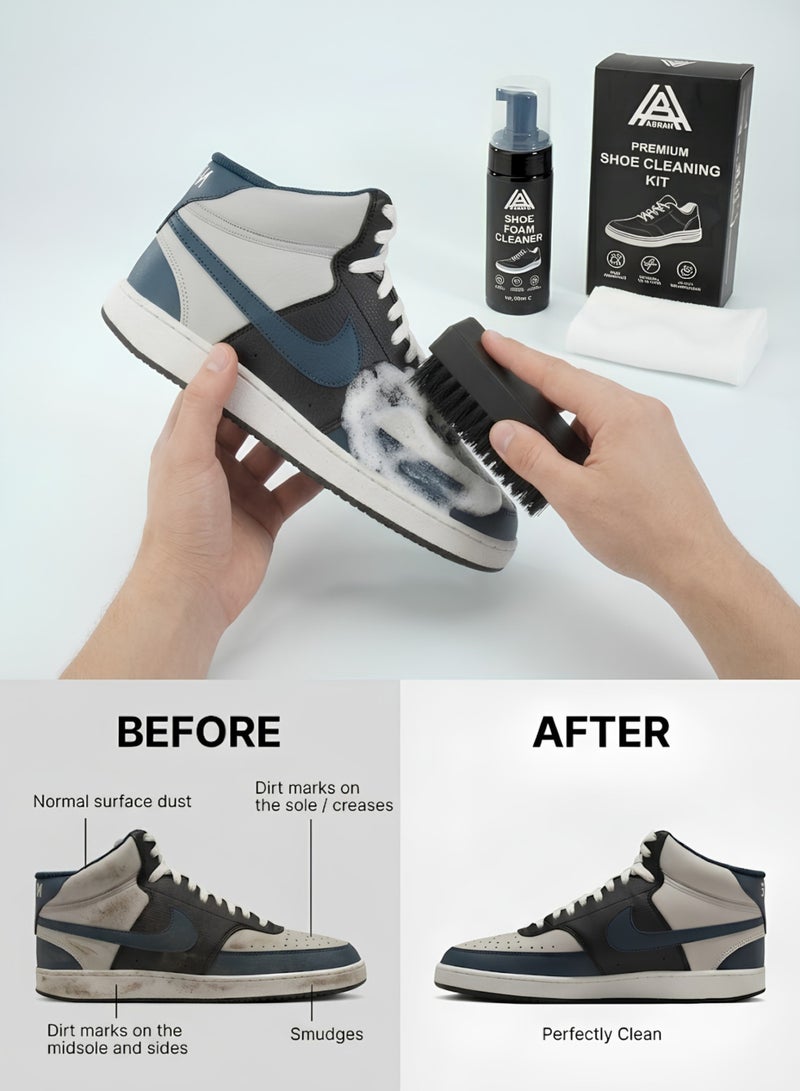 ABRAH Shoe & Sneaker Cleaning Kit | Deep Foam Cleaner 150ml + Soft Bristle Brush + Microfiber Cloth | Works on Sneakers, Leather, Canvas, Mesh & Fabric - Image 2