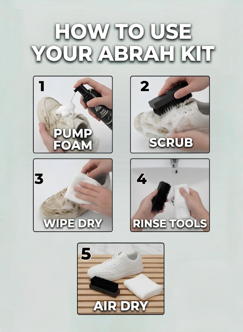 ABRAH Shoe & Sneaker Cleaning Kit | Deep Foam Cleaner 150ml + Soft Bristle Brush + Microfiber Cloth | Works on Sneakers, Leather, Canvas, Mesh & Fabric - Image 3
