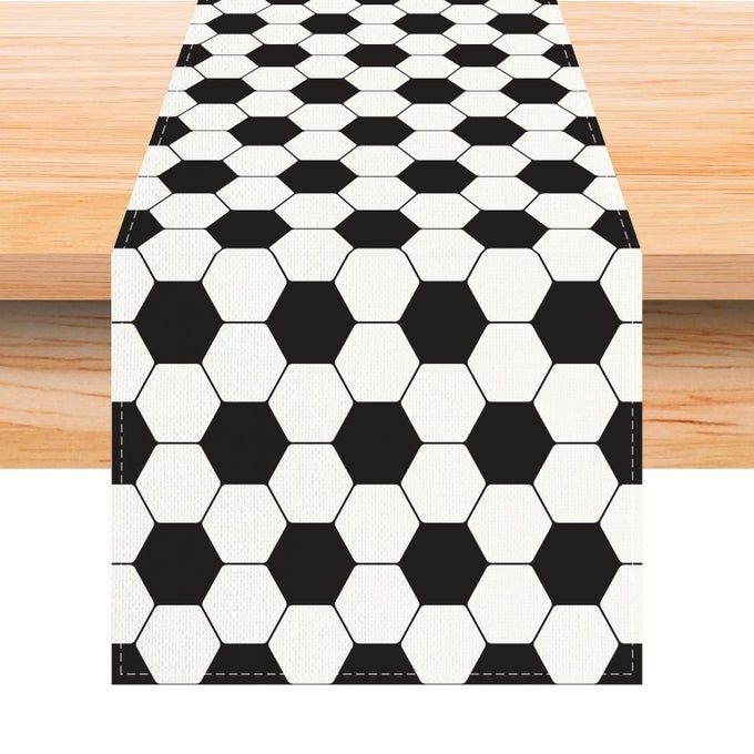 LINEN WHITE AND BLACK VINTAGE SOCCER TABLE RUNNER 72 INCHES LONG SOCCER TABLE DECOR SOCCER PARTY DECORATION AND SUPPLIES FOR TABLE