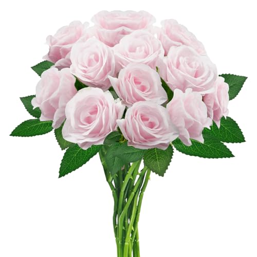 hailanbao 12PCS Pink Artificial Roses with Long Stems Realistic Faux Silk Roses Flowers for Home Decor Wedding Party Table Centerpieces DIY Floral Arrangements Bulk Fake Flowers Bouquet - Image 1