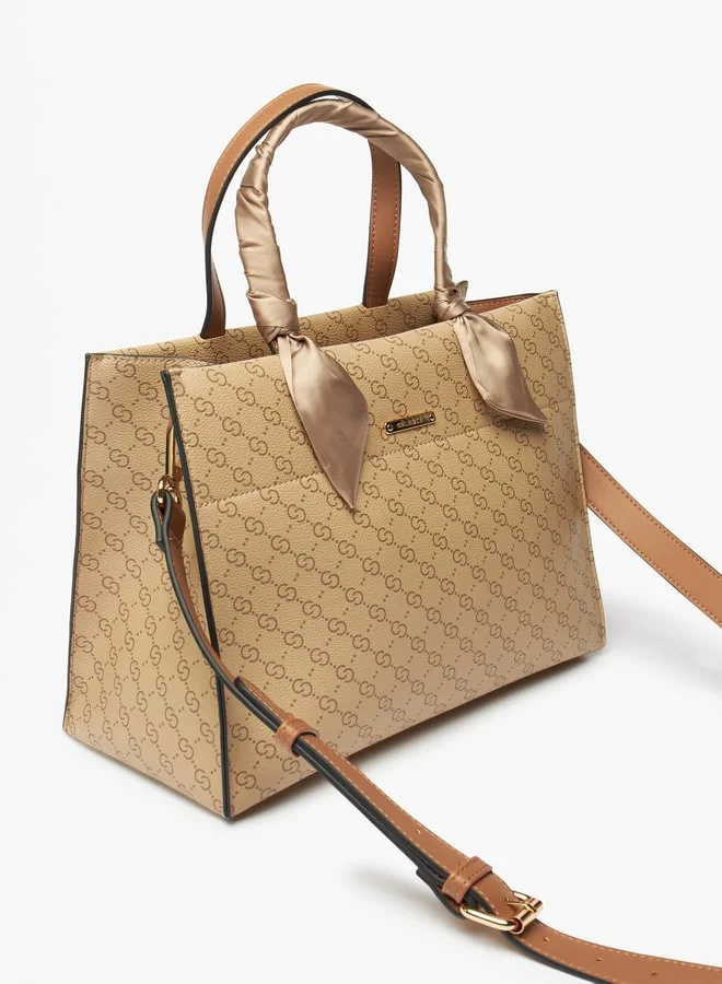 Celeste Women Monogram Print Tote Bag With Scarf And Double Handle