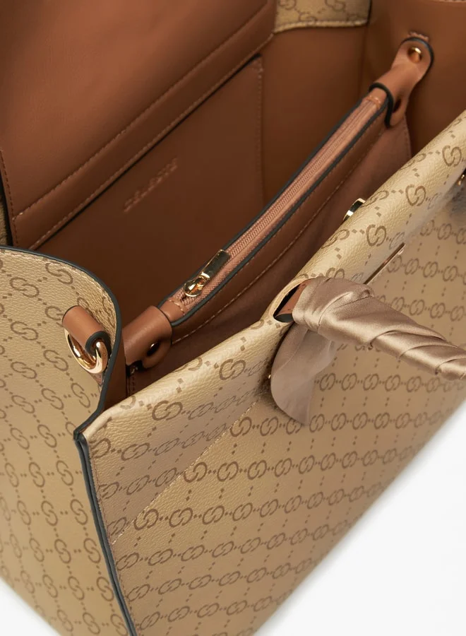 Celeste Women Monogram Print Tote Bag With Scarf And Double Handle