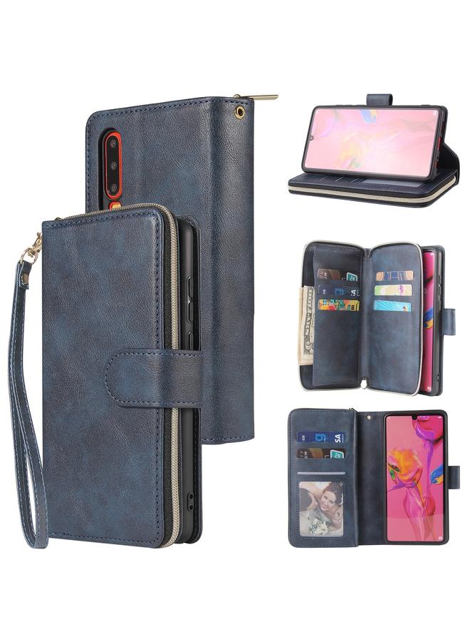 زبون جراب لهاتف Huawei P30، حقيبة محفظة بسحاب، جراب جلدي PU قلاب أفقي مع حامل و9 فتحات للبطاقات ومحفظة وحبل وإطار للصور - Image 1