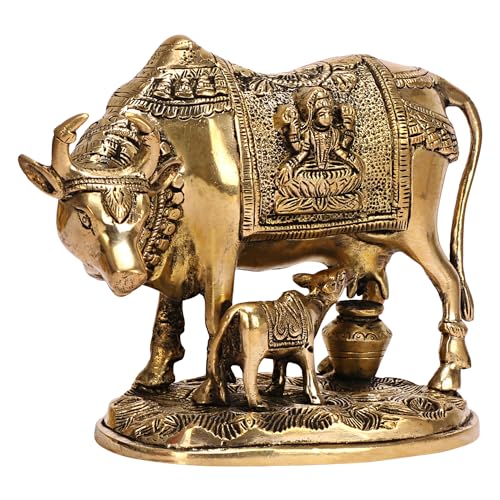 ARTVARKO Brass Laxmi Ganesha Engraved Cow and Calf Statue Kamdhenu Gau MATA Idol, Spiritual Vastu Nandi Pooja Decor, Gold Color 8 Inch - Image 2