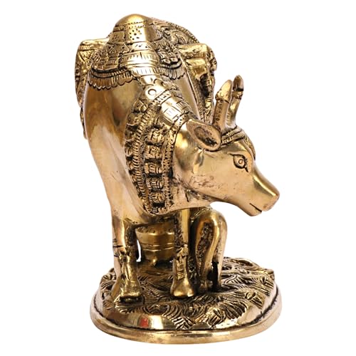ARTVARKO Brass Laxmi Ganesha Engraved Cow and Calf Statue Kamdhenu Gau MATA Idol, Spiritual Vastu Nandi Pooja Decor, Gold Color 8 Inch - Image 4