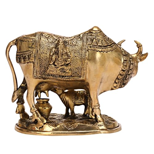 ARTVARKO Brass Laxmi Ganesha Engraved Cow and Calf Statue Kamdhenu Gau MATA Idol, Spiritual Vastu Nandi Pooja Decor, Gold Color 8 Inch - Image 5