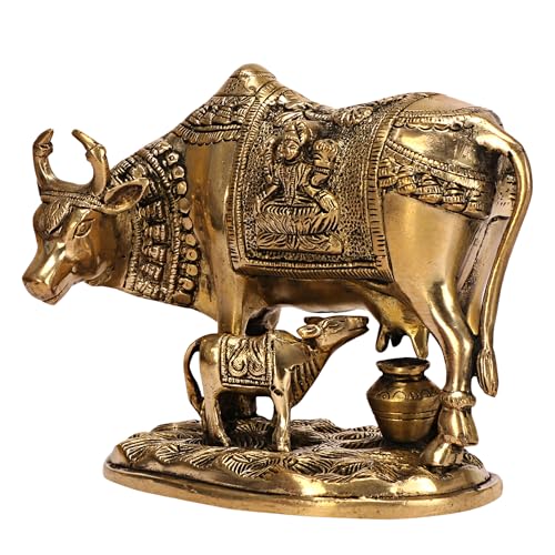 ARTVARKO Brass Laxmi Ganesha Engraved Cow and Calf Statue Kamdhenu Gau MATA Idol, Spiritual Vastu Nandi Pooja Decor, Gold Color 8 Inch - Image 3