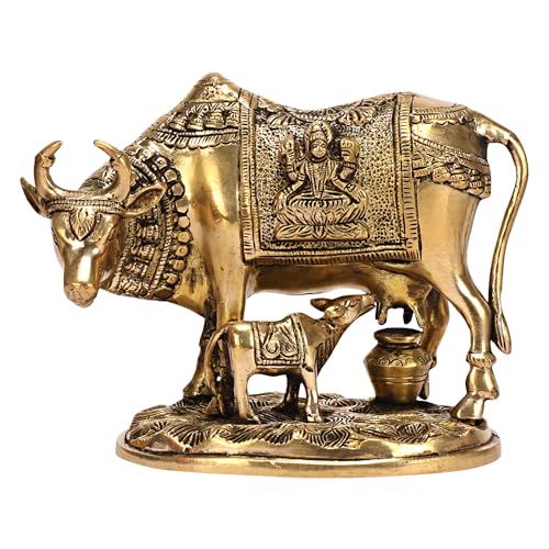 ARTVARKO Brass Laxmi Ganesha Engraved Cow and Calf Statue Kamdhenu Gau MATA Idol, Spiritual Vastu Nandi Pooja Decor, Gold Color 8 Inch - Image 1