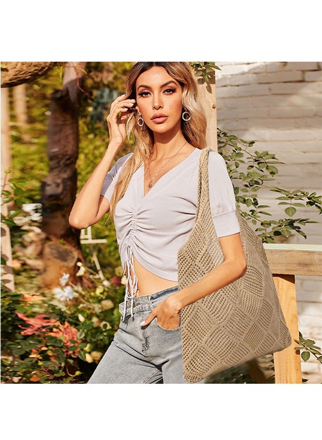 GUSGU الكريكيه حقيبة توت للنساء فتاة، الكريكيه شبكة الشاطئ كيس توت عطلة الصيف الجمالية بوهو الحياكة حقيبة للنساء، الشاطئ أعلى مقبض كيس توت بني - Image 5