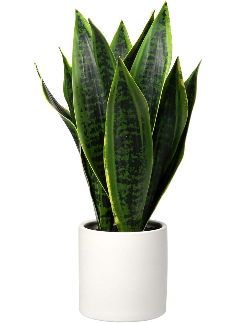 LATIFA  Fake Snake Plant 16" Faux Potted Plant Artificial Snake Plant with White Ceramic Pot Sansevieria Plant Perfect for House Modern Living Room Office Housewarming Gift Indoor Decor - Image 1
