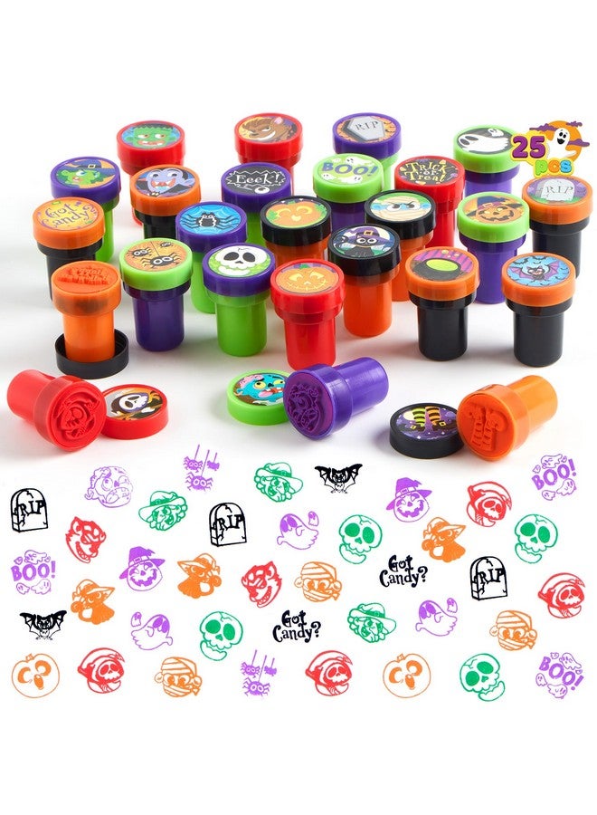 JOYIN 100 قطعة طوابع متنوعة للأطفال ذات حبر ذاتي (25 تصميم، 5 ألوان طوابع مخيفة للحلويات) لوازم حفلات الهالوين، أكياس الهدايا، جوائز ألعاب الفصول الدراسية - Image 1