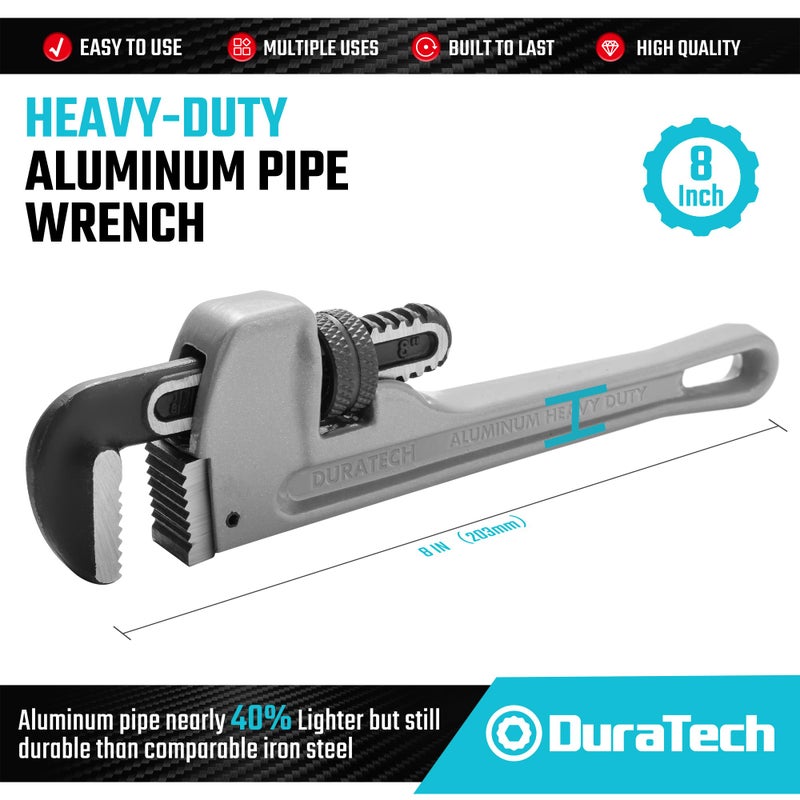 DURATECH 8-inch Heavy Duty Aluminum Straight Pipe Wrench, Adjustable Plumbing Wrench, Drop Forged, Exceed GGG standard - Image 2