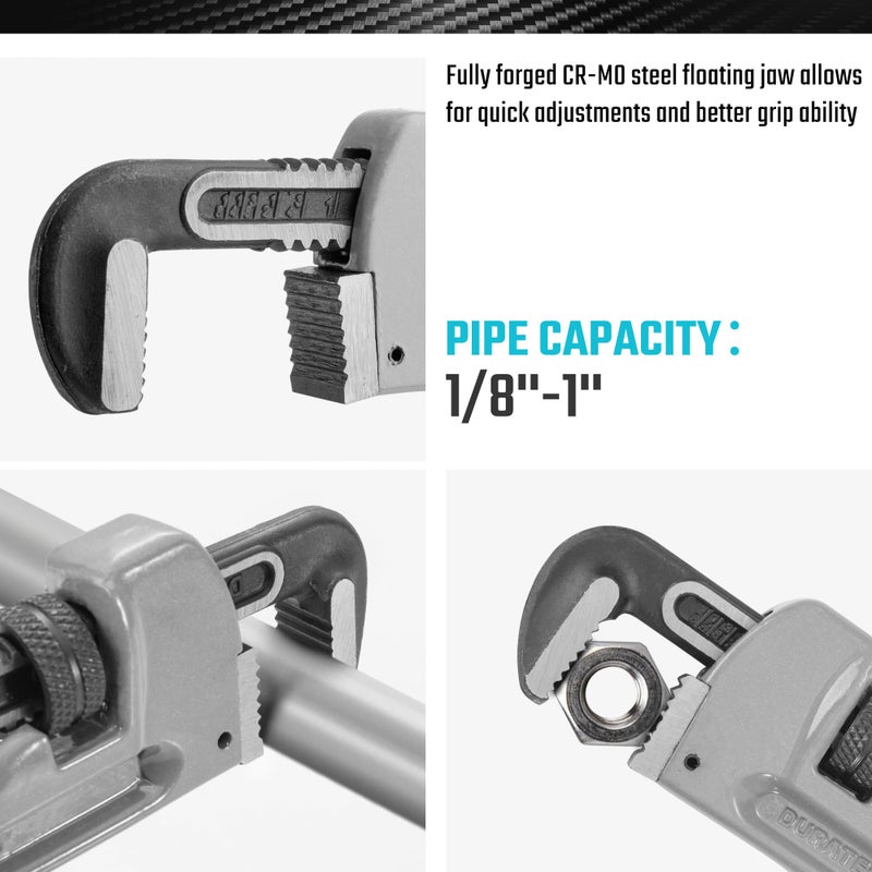 DURATECH 8-inch Heavy Duty Aluminum Straight Pipe Wrench, Adjustable Plumbing Wrench, Drop Forged, Exceed GGG standard - Image 3