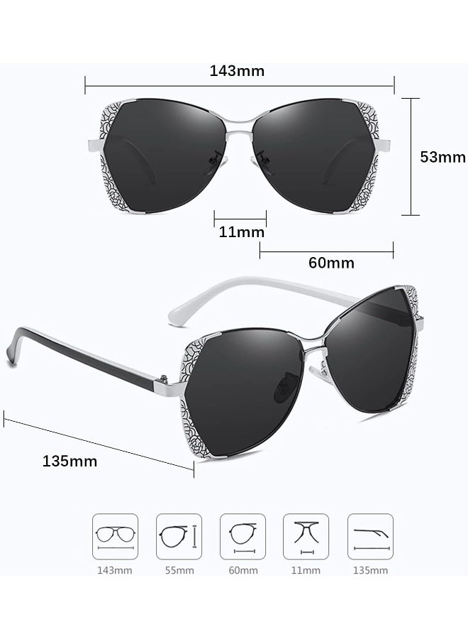 NALANDA NALANDA Women's Polarized Aviator Sunglasses With Carving Pattern UV400 HD Lens Metal PC Frame,100% UV Blocking (Black) - 143mm - Image 3