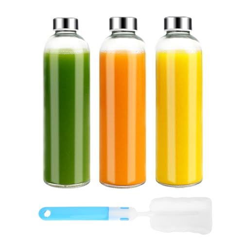 Luxfuel 32 oz Clear Glass Water Bottles with Lids, Reusable Glass Juice Bottles with Stainless Steel Cap for Juicing, Refrigerator, 100% Leak Proof, BPA Free, Gift Set of 3 - Image 1