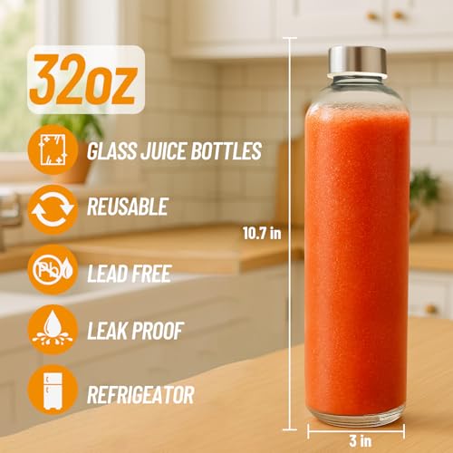 Luxfuel 32 oz Clear Glass Water Bottles with Lids, Reusable Glass Juice Bottles with Stainless Steel Cap for Juicing, Refrigerator, 100% Leak Proof, BPA Free, Gift Set of 3 - Image 2