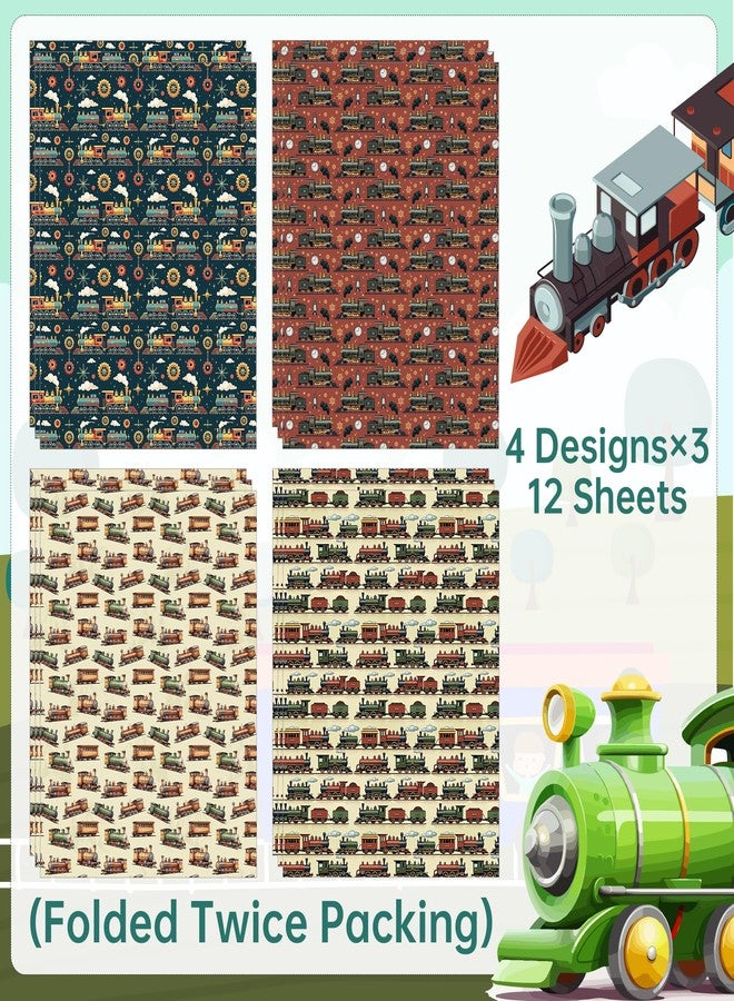 ورق تغليف هدايا بتصميم قطارات ليوبيلون - 12 ورقة بتصميم قطارات كلاسيكية مع مسارات - ورق تغليف بتصميم قاطرة عتيقة لأعياد ميلاد الأولاد، وحفلات استقبال المولود، وديكورات حفلات ذات طابع النقل، 19.7 × 27.6 بوصة - Image 2