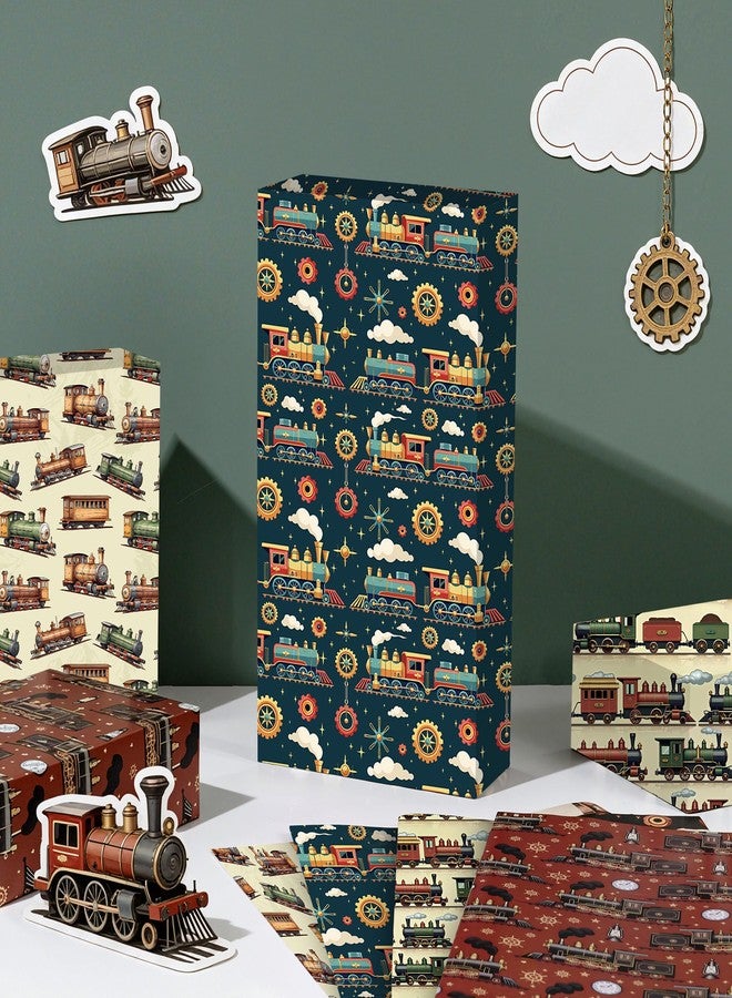 ورق تغليف هدايا بتصميم قطارات ليوبيلون - 12 ورقة بتصميم قطارات كلاسيكية مع مسارات - ورق تغليف بتصميم قاطرة عتيقة لأعياد ميلاد الأولاد، وحفلات استقبال المولود، وديكورات حفلات ذات طابع النقل، 19.7 × 27.6 بوصة - Image 4