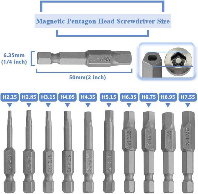 Eyech مجموعة 10 قطع من رؤوس مفكات البراغي المغناطيسية على شكل خماسي 14 بوصة مع عمود سداسي 5 نقاط أمان مقاوم للتلاعب 215735مم 50مم CrV - Image 2