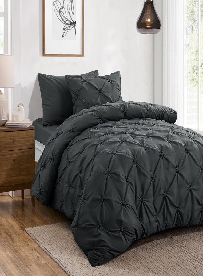 Aisbo Pintuck Comforter Set Twin - Anthracite Grey Pinch Pleated 2-Pieces Comforter Set Soft and Lightweight, All Season Down Alternative Comforter for Twin Size Bed with 1 Pillow Shams - Image 2