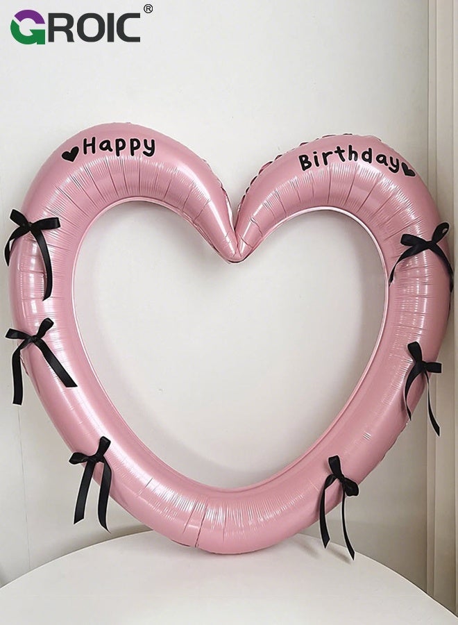 GROIC 40'' Happy Birthday Heart Photo Frame Balloon with Bowknot Stickers, Hollow Heart Foil Balloons for Baby Showers, Birthday Party, Wedding, Photo Props (Pink Balloons & Pre-Tied Bow) - Image 1