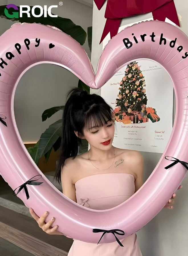 GROIC 40'' Happy Birthday Heart Photo Frame Balloon with Bowknot Stickers, Hollow Heart Foil Balloons for Baby Showers, Birthday Party, Wedding, Photo Props (Pink Balloons & Pre-Tied Bow) - Image 2