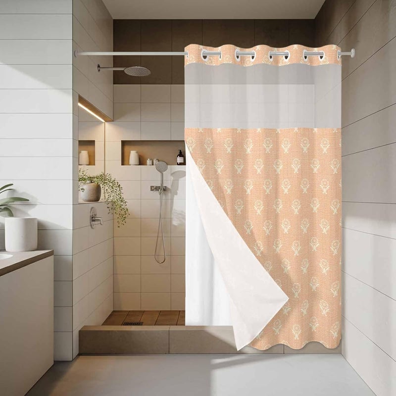 No Hook Shower Curtain and Liner Set, Abstract Bohemia Snap in Shower Curtain Set, Modern Boho Floral Orange Waterproof Fabric Bathroom Curtain with See Through Top Window 36"x78" - Image 3