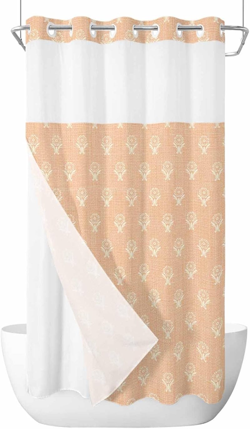 No Hook Shower Curtain and Liner Set, Abstract Bohemia Snap in Shower Curtain Set, Modern Boho Floral Orange Waterproof Fabric Bathroom Curtain with See Through Top Window 36"x78" - Image 1