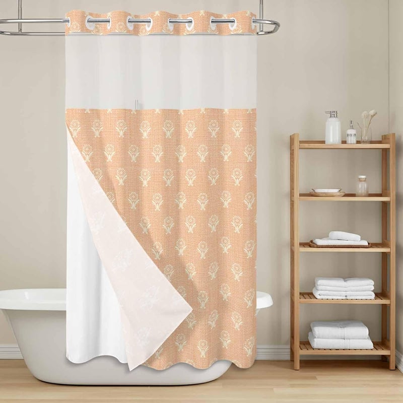 No Hook Shower Curtain and Liner Set, Abstract Bohemia Snap in Shower Curtain Set, Modern Boho Floral Orange Waterproof Fabric Bathroom Curtain with See Through Top Window 36"x78" - Image 2