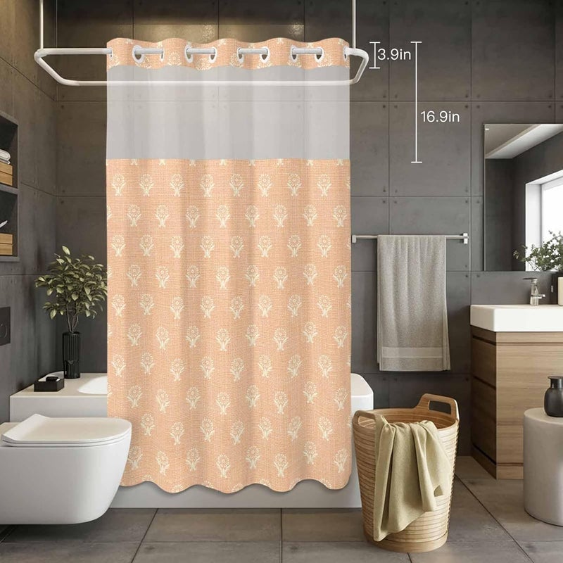No Hook Shower Curtain and Liner Set, Abstract Bohemia Snap in Shower Curtain Set, Modern Boho Floral Orange Waterproof Fabric Bathroom Curtain with See Through Top Window 36"x78" - Image 4