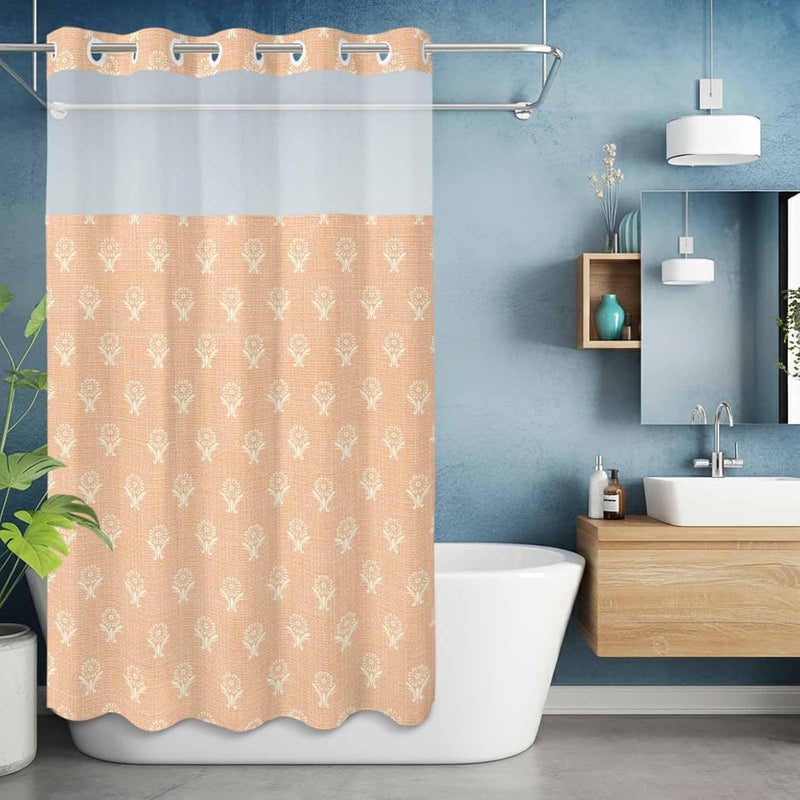 No Hook Shower Curtain and Liner Set, Abstract Bohemia Snap in Shower Curtain Set, Modern Boho Floral Orange Waterproof Fabric Bathroom Curtain with See Through Top Window 36"x78" - Image 5