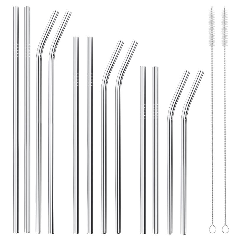 OKGD Set of 12 Reusable Stainless Steel Straws,0.31'' wide 3 Size - 12.2''10.5''8.5''Long Reusable Straw Chocolate Milk Straws with 2 Cleaning Brush for 10/20/30/40 oz - Image 1