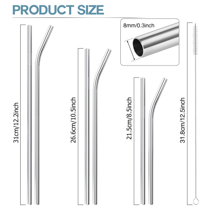 OKGD Set of 12 Reusable Stainless Steel Straws,0.31'' wide 3 Size - 12.2''10.5''8.5''Long Reusable Straw Chocolate Milk Straws with 2 Cleaning Brush for 10/20/30/40 oz - Image 2