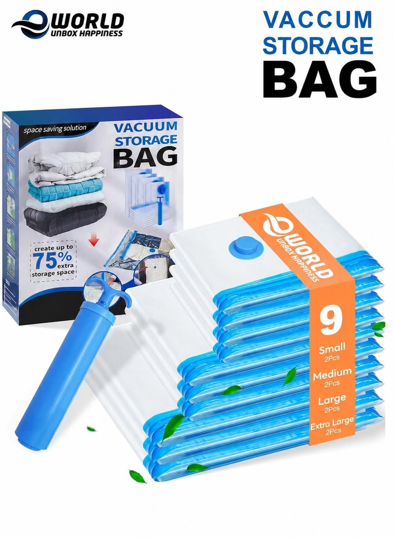 Eworld Vacuum Storage Bags with Hand Pump – Space-Saving Compression Bags for Clothes, Blankets, Comforters & Travel Organization, 9 Pcs - Image 1