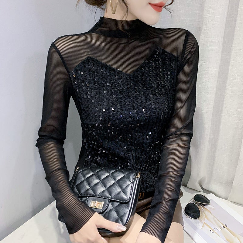 Real shot 2022 early spring new Christmas New Year party sequined women's top bottoming shirt long sleeve T-shirt women's hair - Image 1