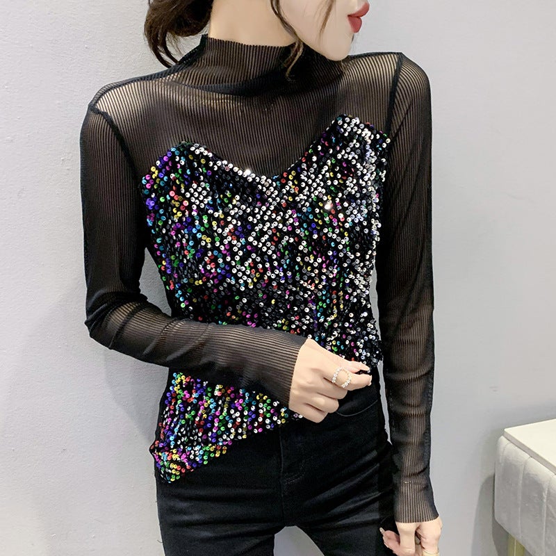 Real shot 2022 early spring new Christmas New Year party sequined women's top bottoming shirt long sleeve T-shirt women's hair - Image 2