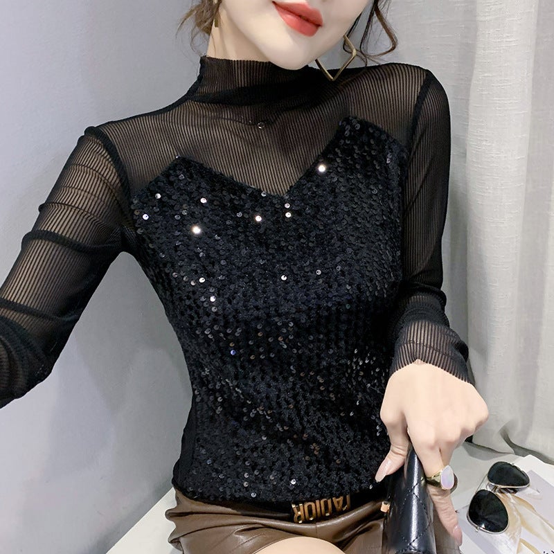 Real shot 2022 early spring new Christmas New Year party sequined women's top bottoming shirt long sleeve T-shirt women's hair - Image 4