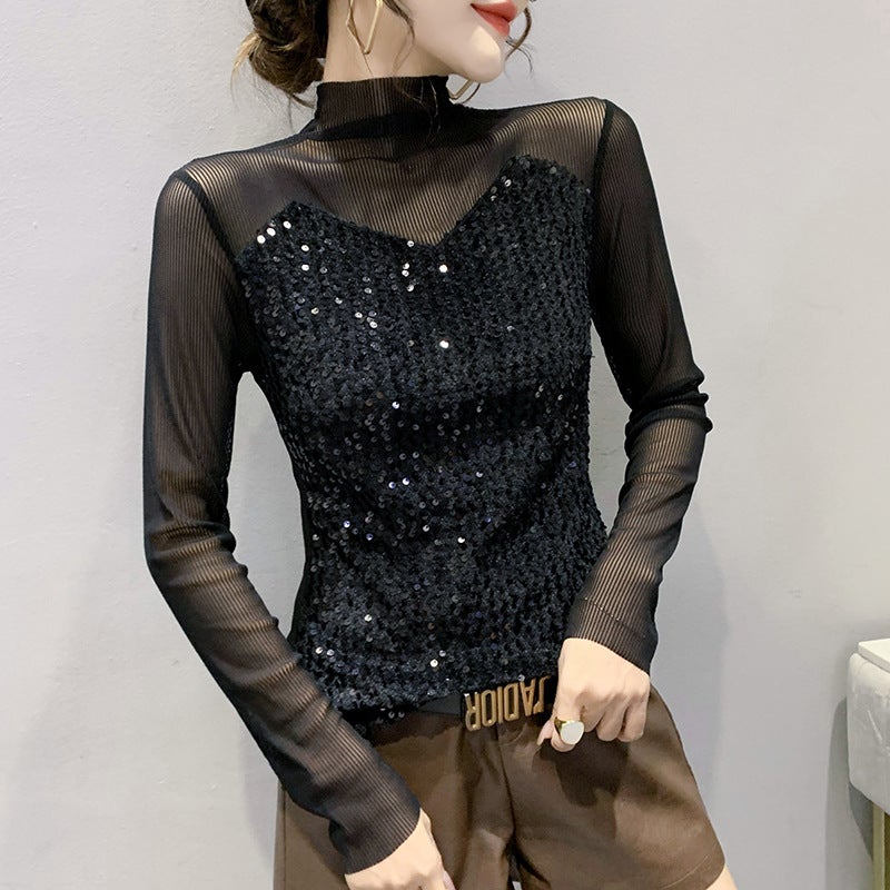 Real shot 2022 early spring new Christmas New Year party sequined women's top bottoming shirt long sleeve T-shirt women's hair - Image 5