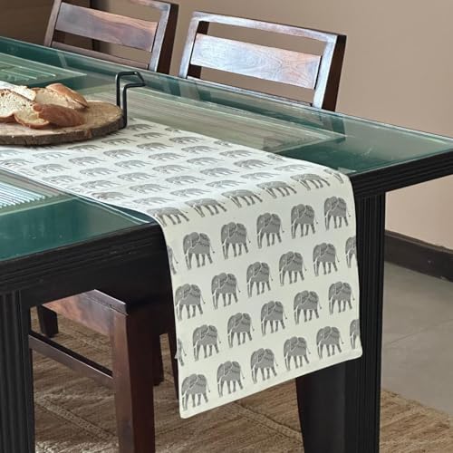 Oak & Lily 100% Cotton Table Runner (34x180cm) | Anti-Skid | Washable | European Quality | Fits 4 & 6 Seater Dining & Centre Table Decor | Grey Elephant Print - Image 1